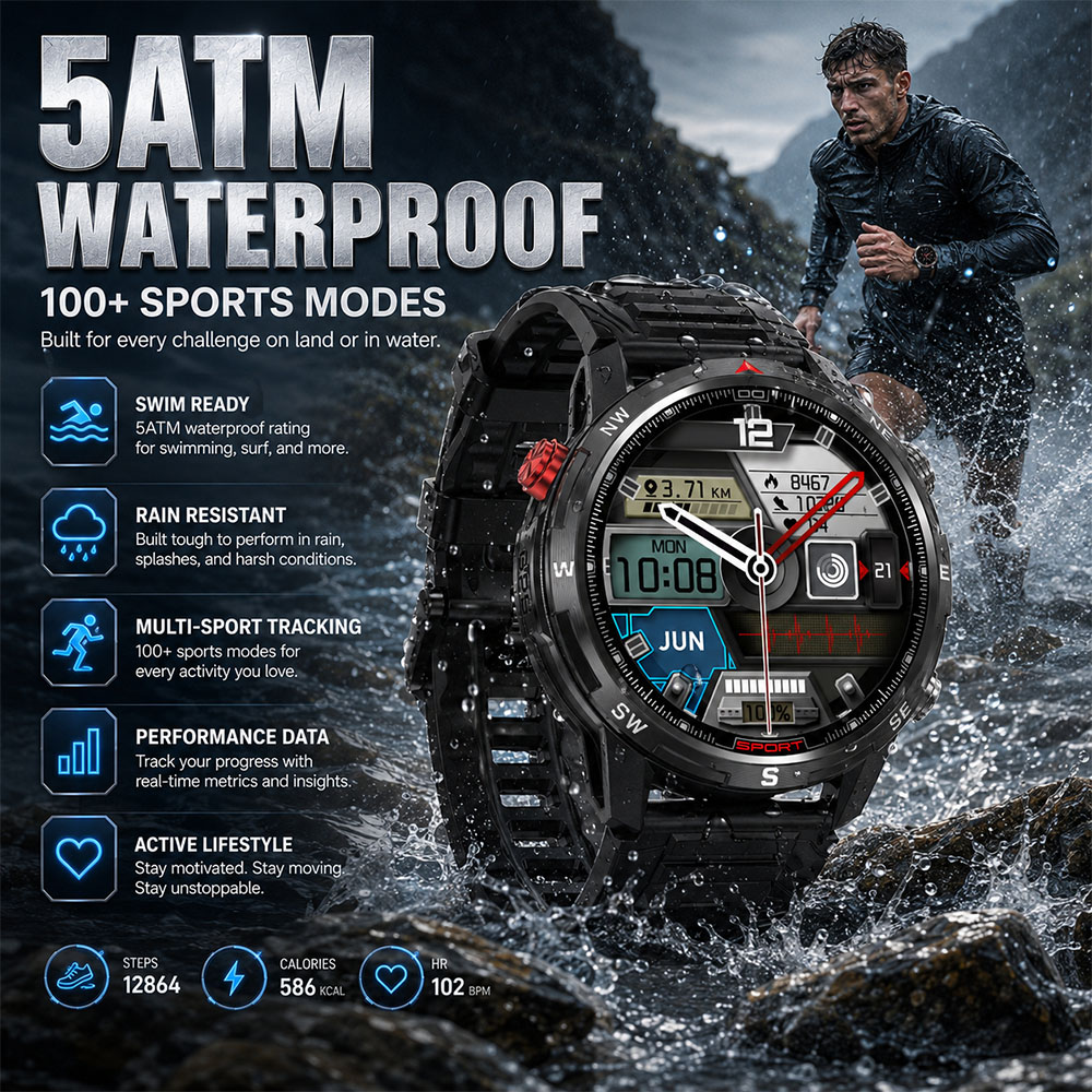 새로운 밀리터리 5ATM 방수 스마트워치 내장 2GB  - Smartwatch Military Watches For Men 리뷰 및 가격