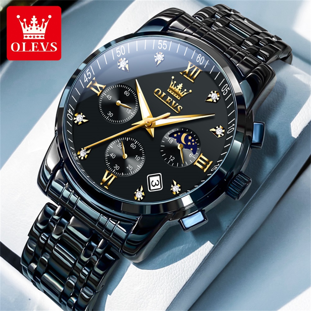 OLEVS 인기 남성용 시계 스테인레스 스틸 블랙 문  - Analog Quartz Watch 리뷰 및 가격