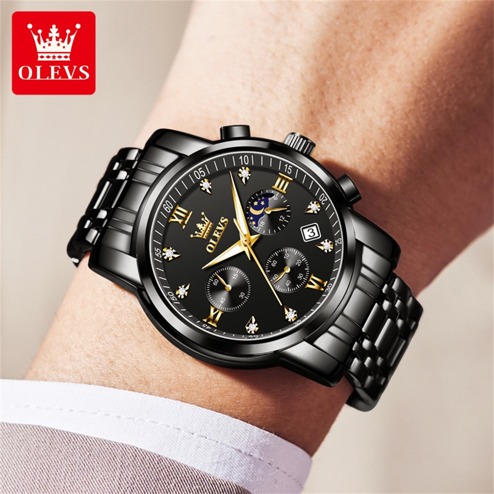 OLEVS 인기 남성용 시계 스테인레스 스틸 블랙 문  - Analog Quartz Watch 리뷰 및 가격